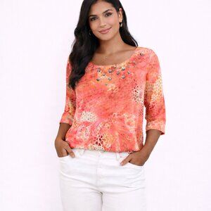 Embellished Coral Leopard 3/4 Sleeve Top Colorful Going Out Party Spring Summer
